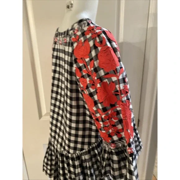 Anthropologie Pankaj Nidhi Gingham Swing Ruffle Embroidered Top Size XS Boho - Picture 5 of 14